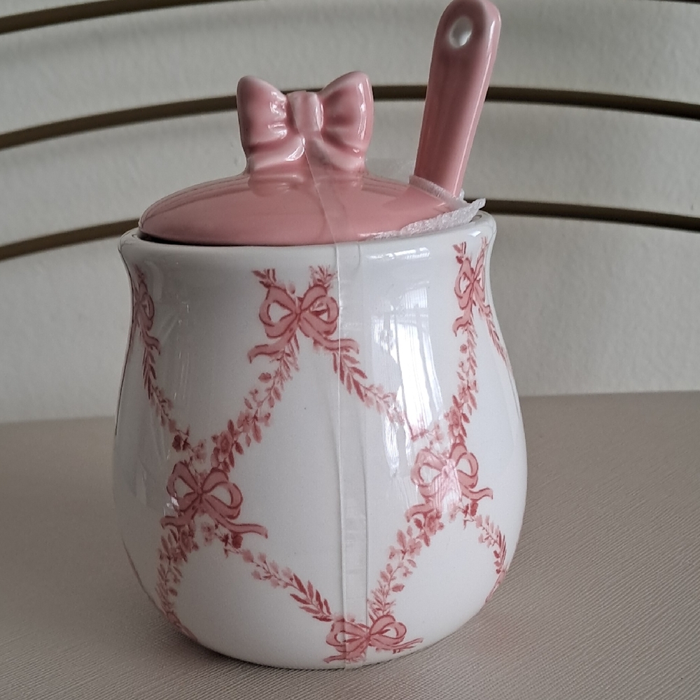 New!Viral Pink and White Bow Design Sugar Bowl with Spoon
